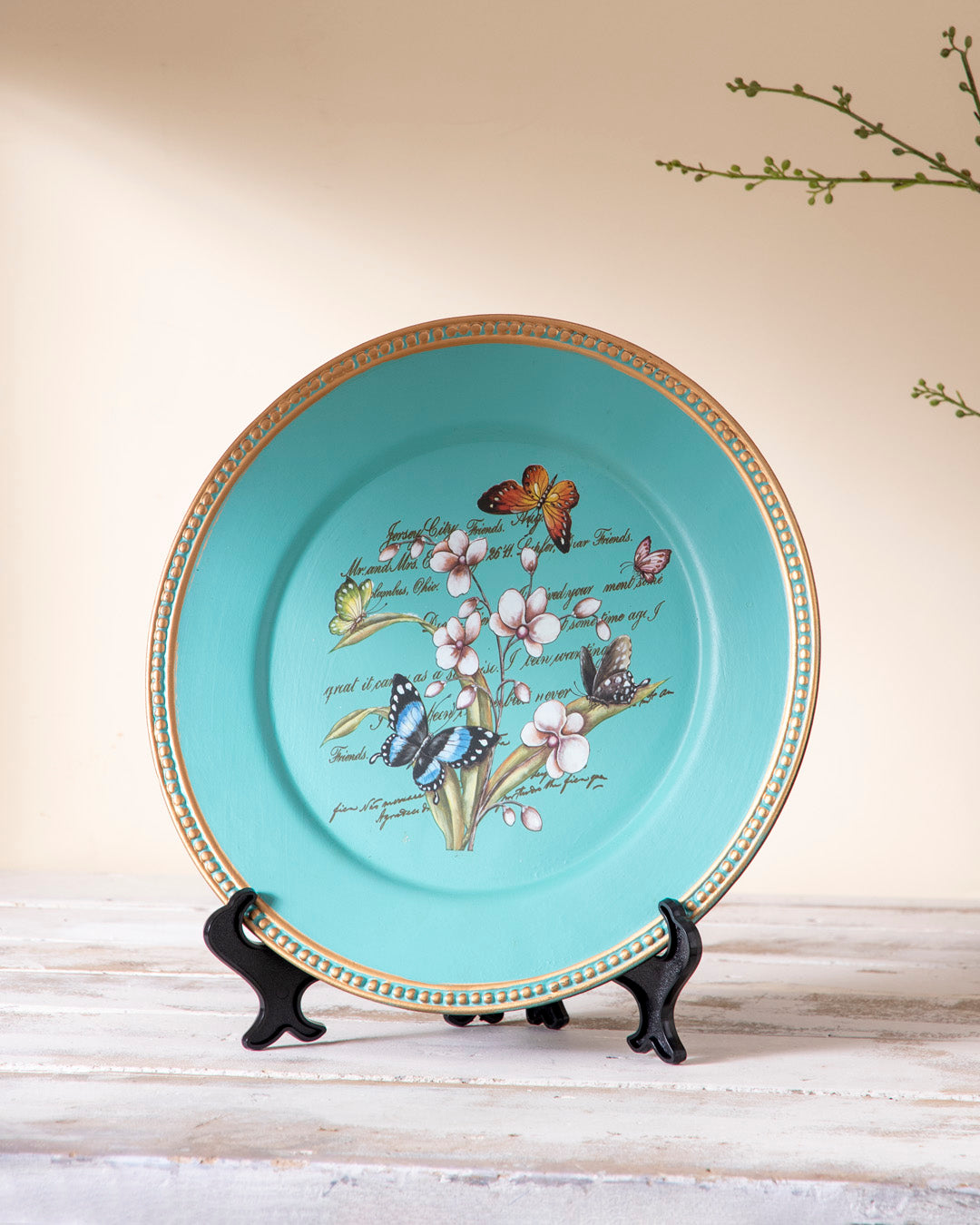 Turquoise Butterfly Blossom Decorative Plate - 33 cm
