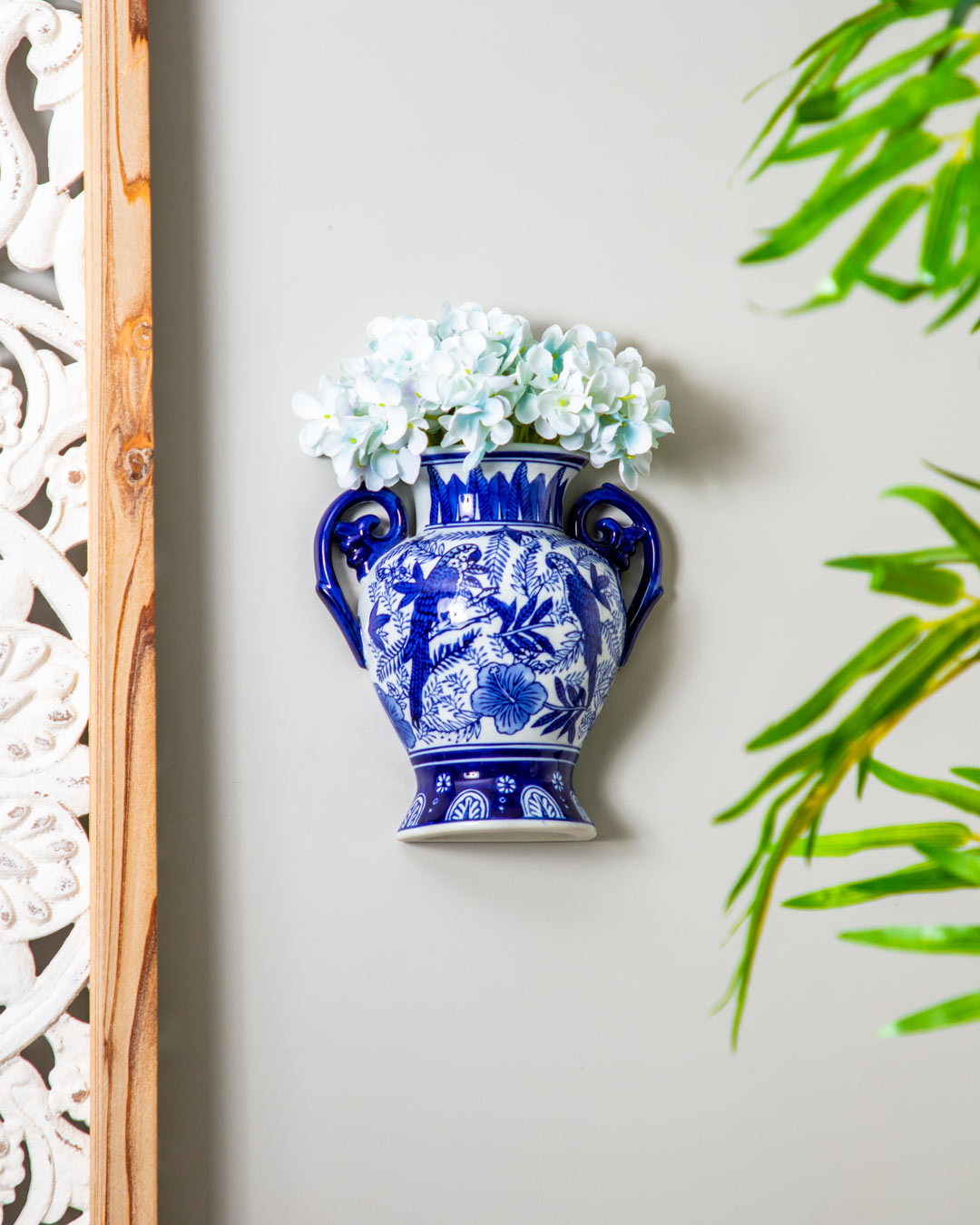 Vintage Aviary Blue & White Wall Vase