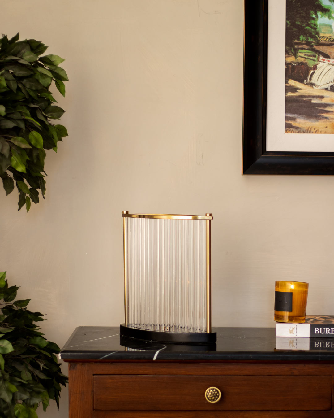 Golden Border With Glass Rod Candle Holder - Small