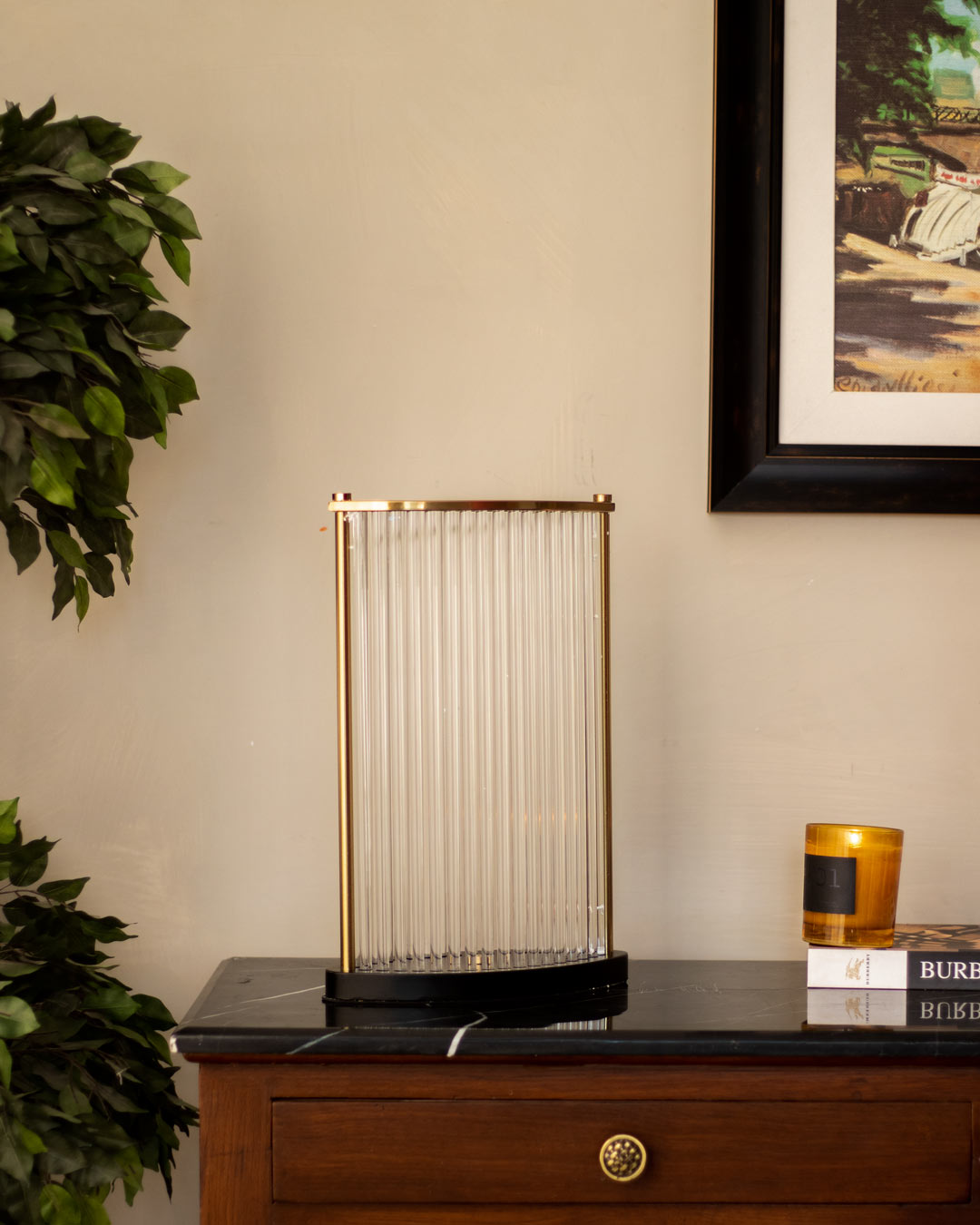 Golden Border With Glass Rod Candle Holder - Large