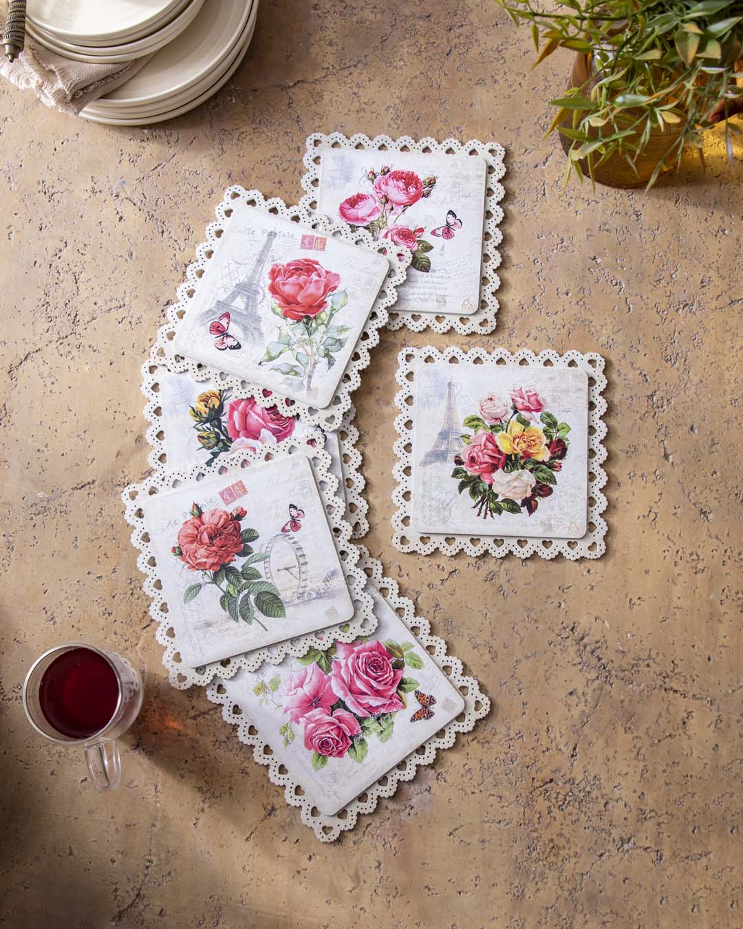 Lace Edge Floral Trivet - Set Of 6