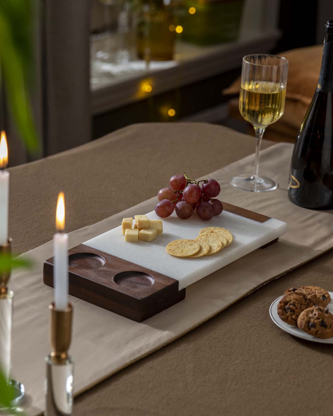 Marble And Wood Dual-Dip Serving Tray