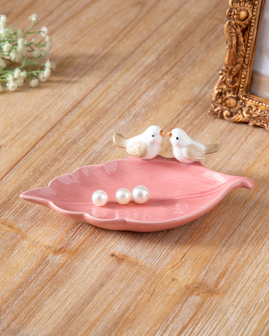 Whispering Lovebirds Leaf Ring Dish - Pink