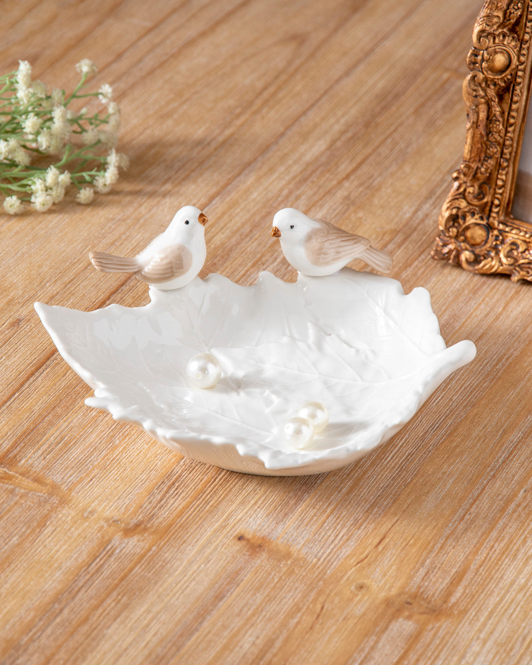 Bird on Maple Leaf Ring Dish - White