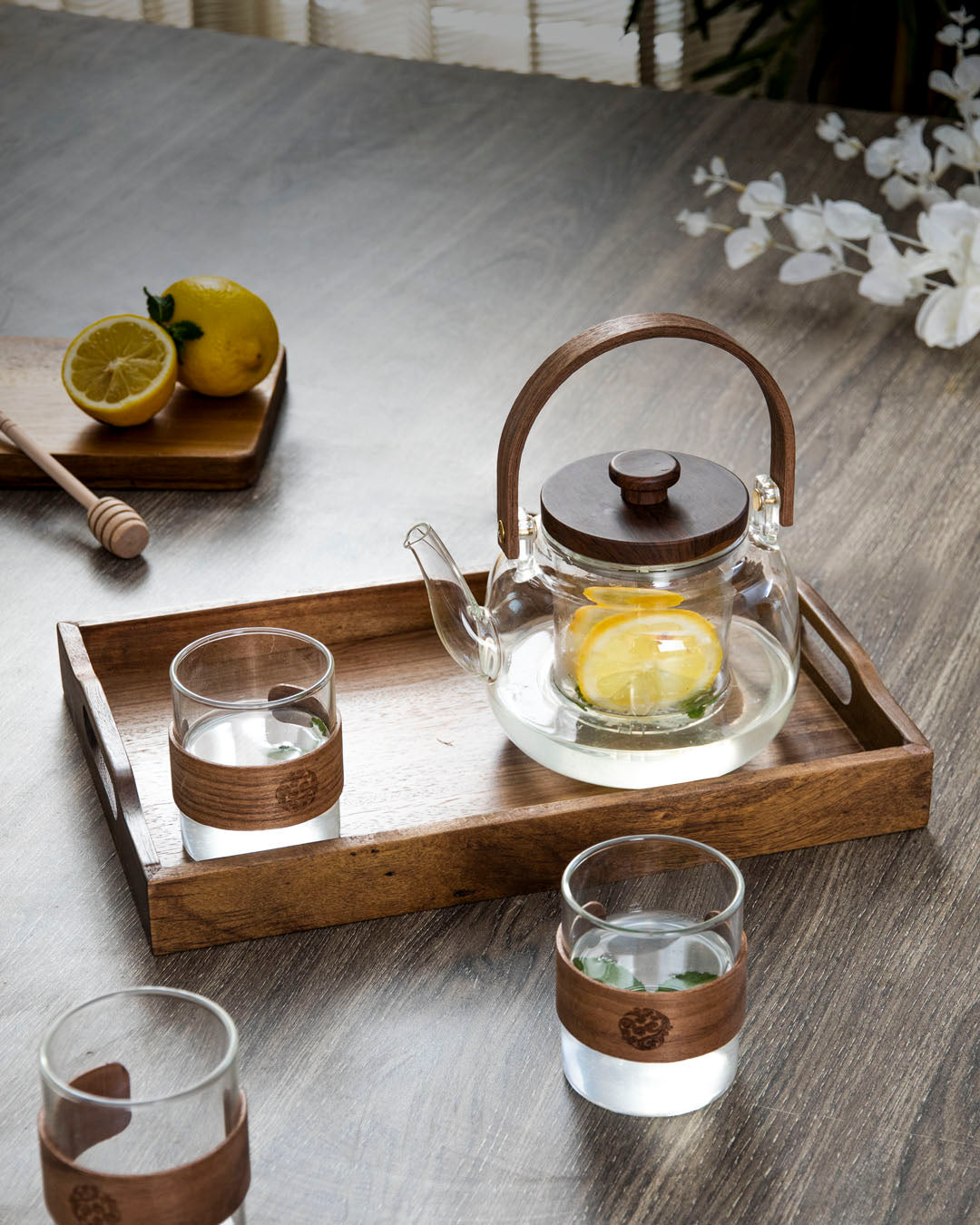Glass Tea Set With Wooden Accents - 8 Piece Set