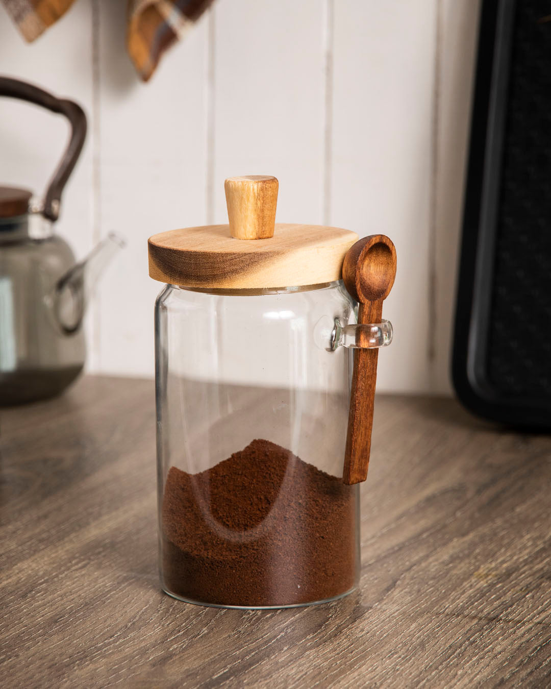 Glass Storage Jar with Wooden Lid and Spoon - Large