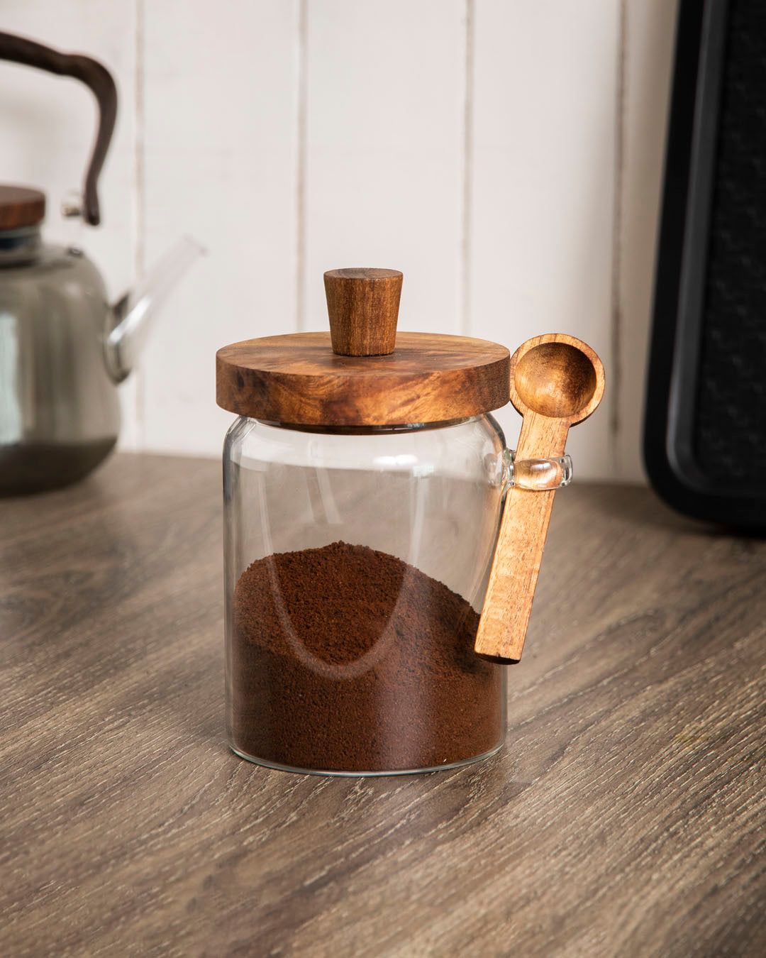 Glass Storage Jar with Wooden Lid and Spoon - Medium
