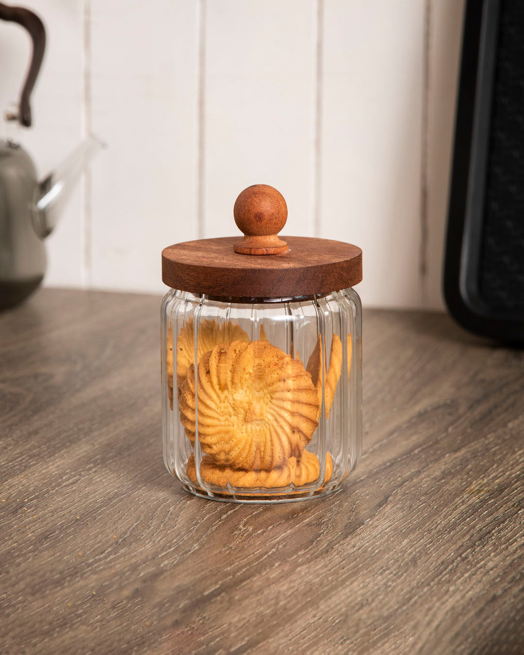 Ribbed Glass Jar with Wooden Lid - Small