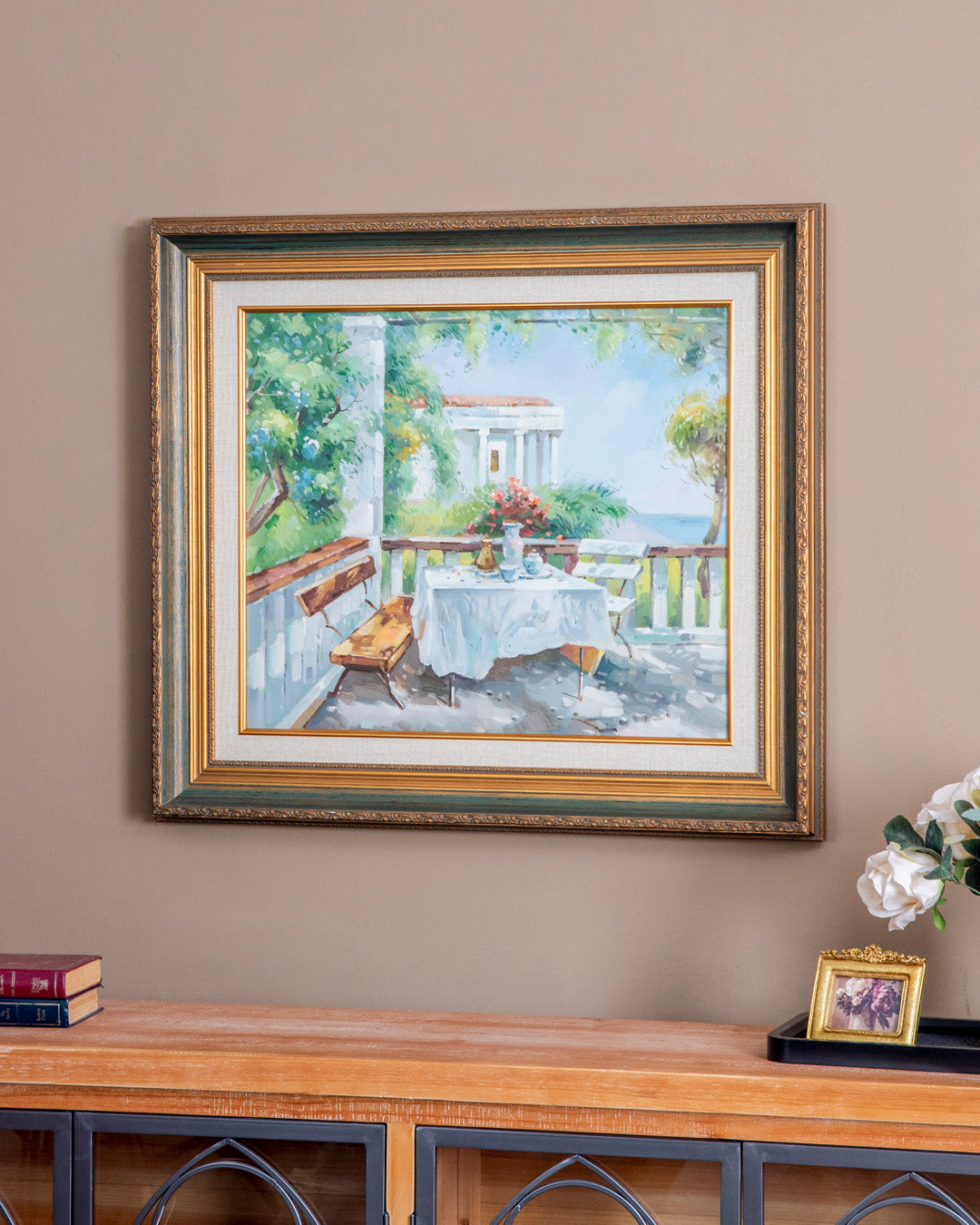 'Balcony Near the Sea' Handmade Oil Painting - 28x32 Inch