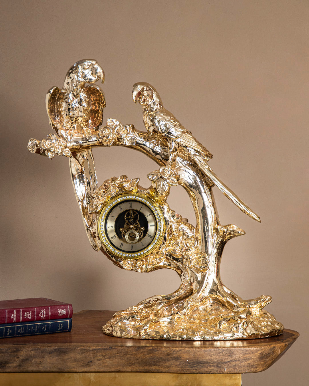 Golden Parrot Branch Table Clock