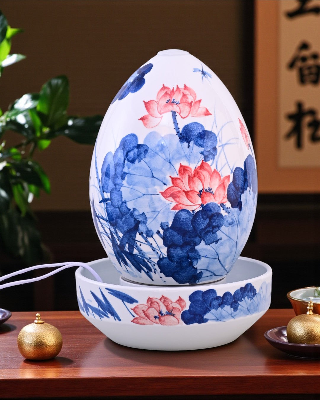 Lotus Leaf Serenity Ceramic Fountain Lamp