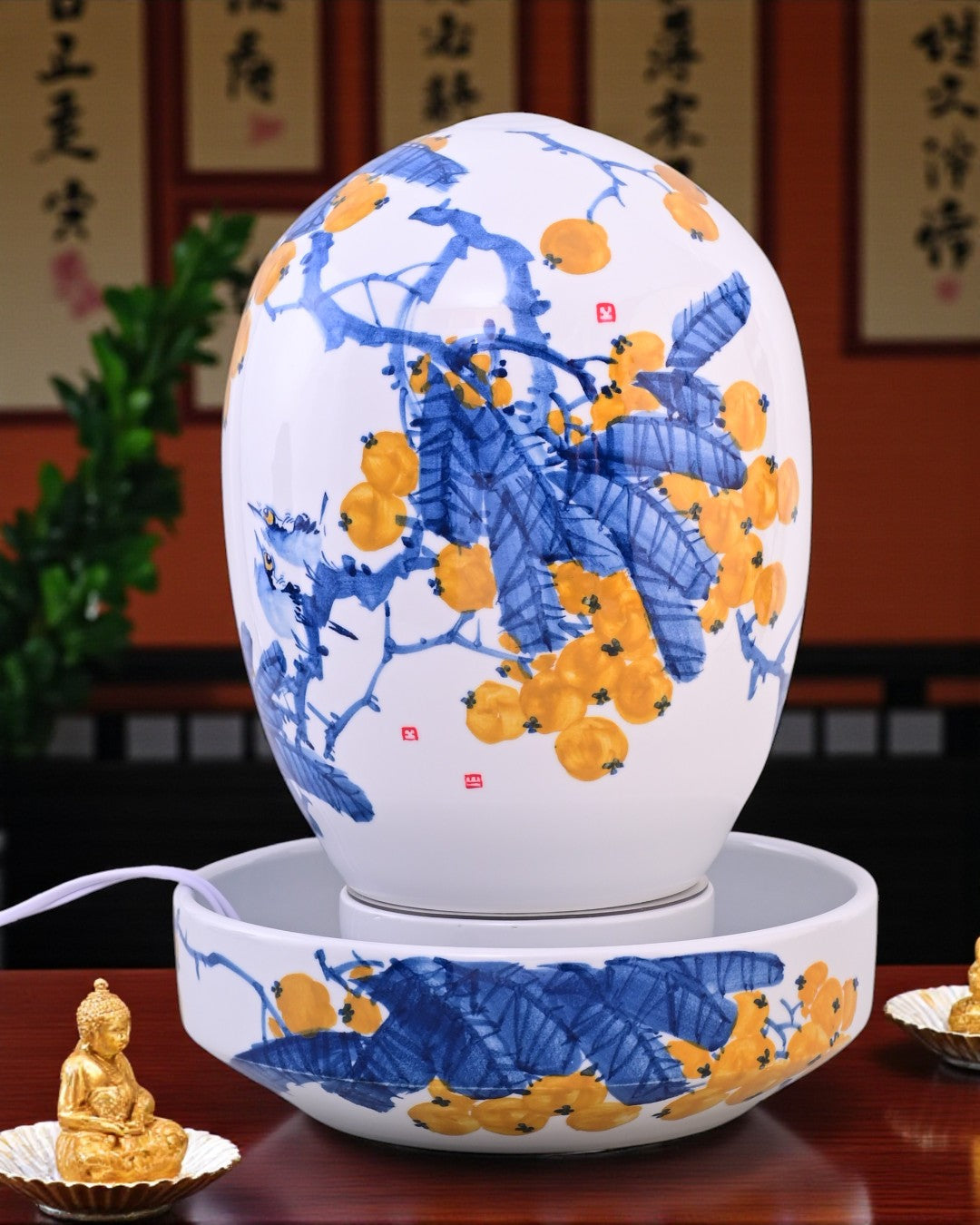 Golden Blossom Serenity Ceramic Fountain Lamp