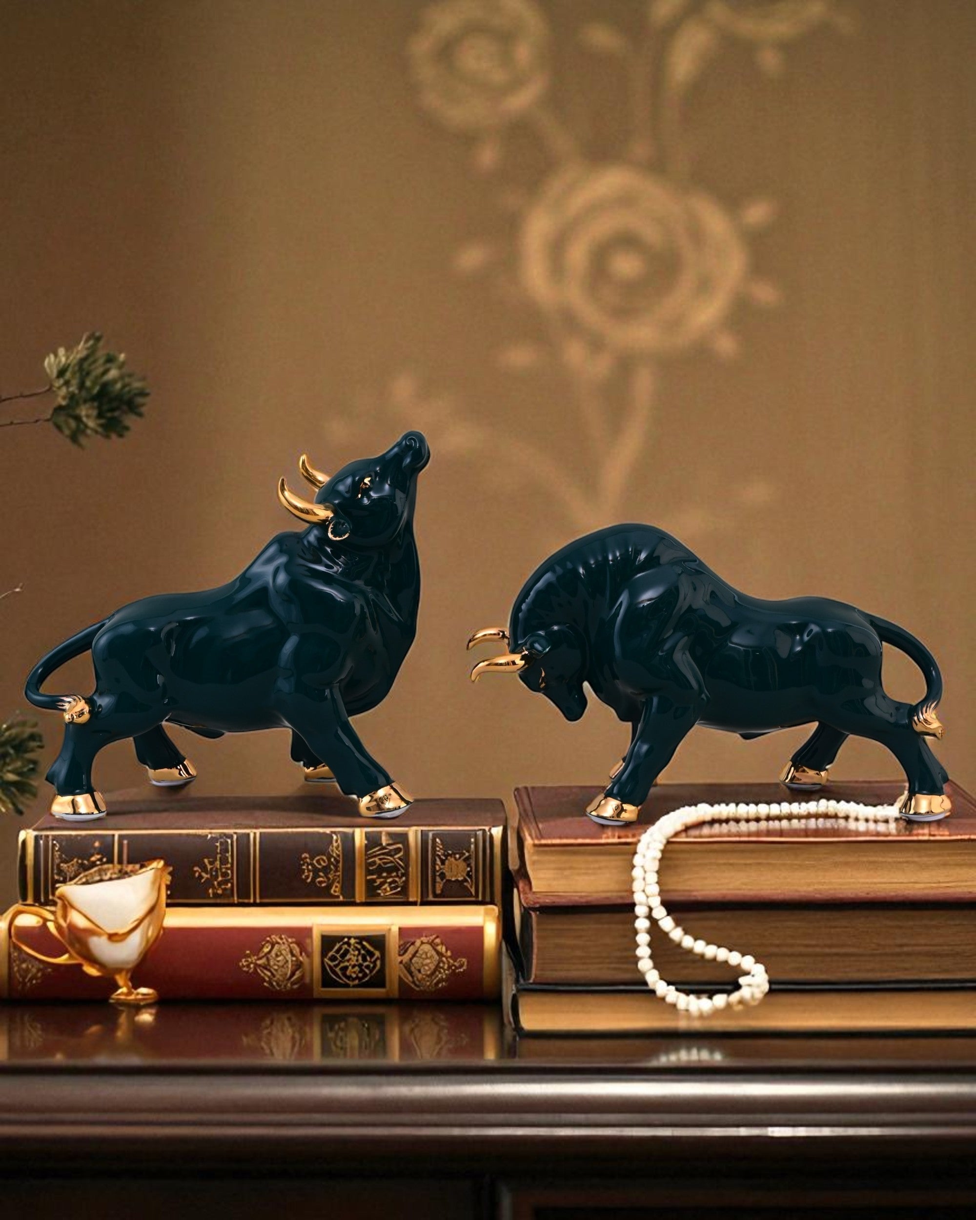 Emerald Bull Porcelain Figurines - Set Of 2