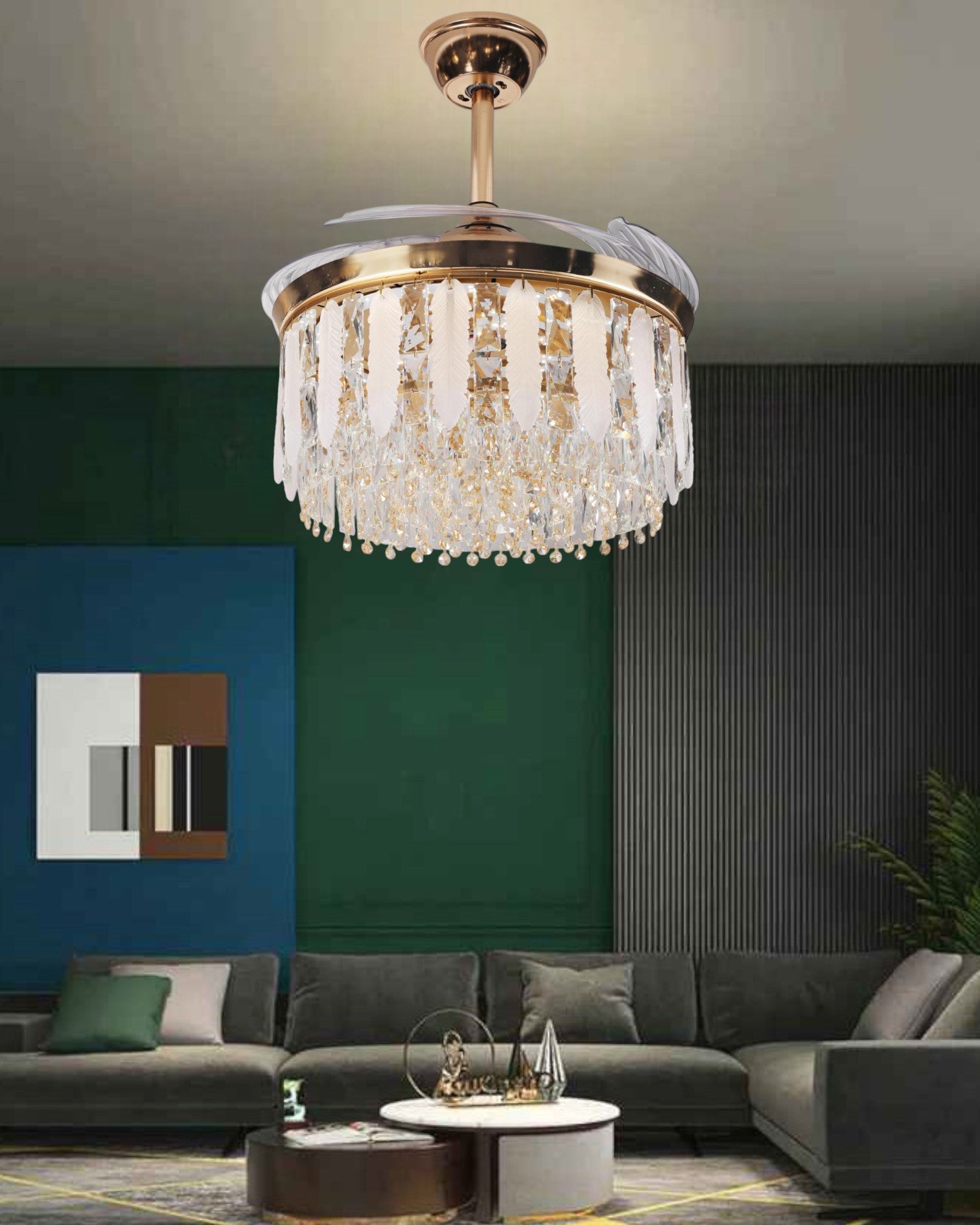 Crystal Feather Wings Retractable Ceiling Fan + Chandelier Light (with Remote Control)