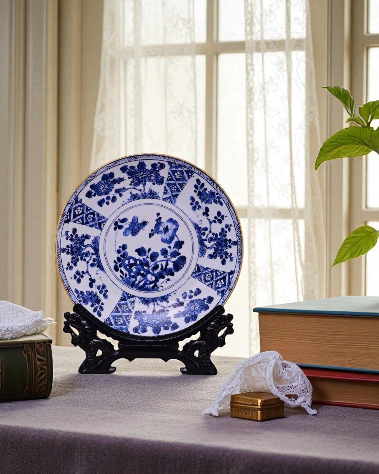Blue Floral Medallion Decorative Plate - 26 cm