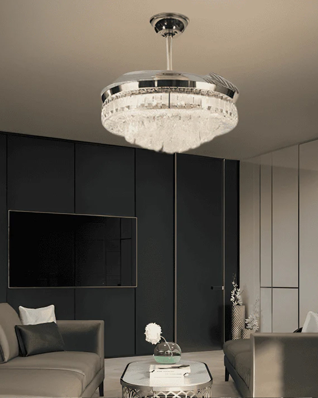 Luxe Crystal Retractable Ceiling Fan + Chandelier Light (with Remote Control)