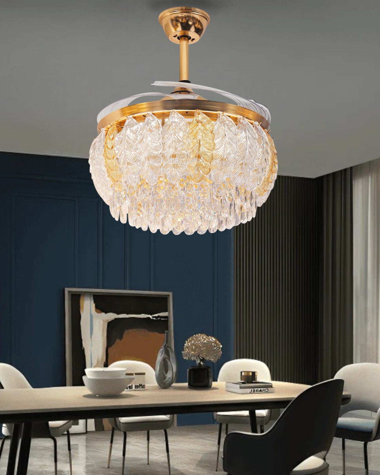 Crystal Leaf Retractable Ceiling Fan + Chandelier Light (with Remote Control)