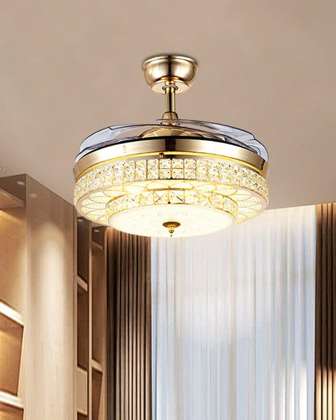 Opulent Crystal Retractable Ceiling Fan + Chandelier Light (with Remote Control)