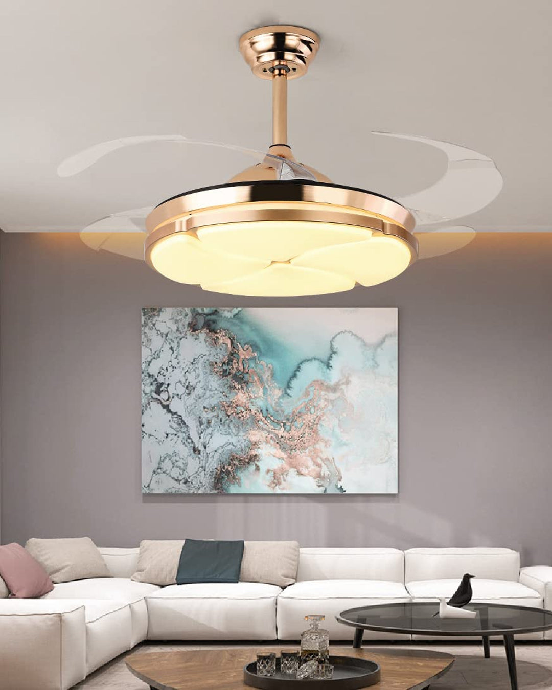 Golden Petal Retractable Ceiling Fan + Chandelier Light (with Remote Control)