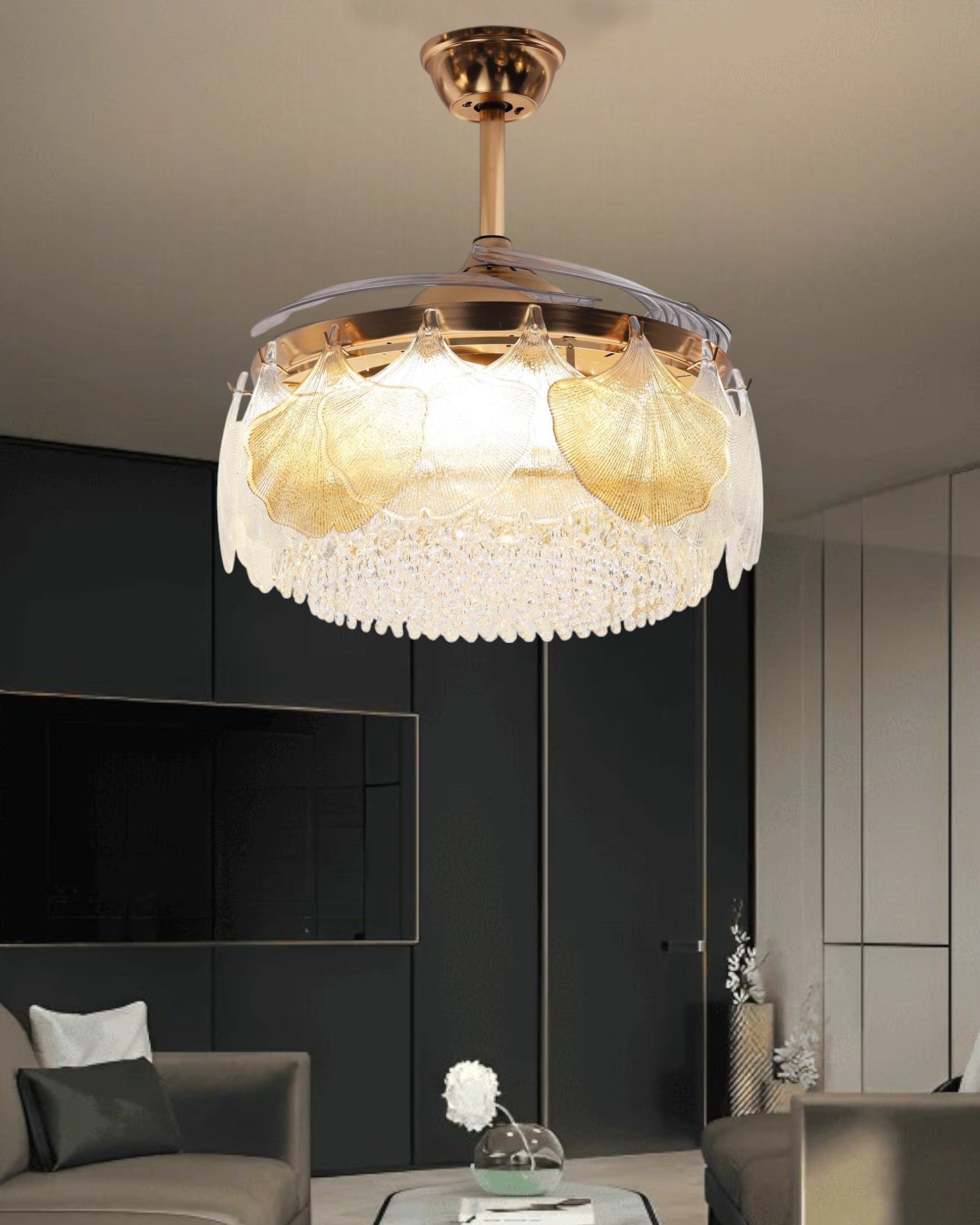 Ginkgo Crystal Retractable Ceiling Fan + Chandelier Light (with Remote Control)