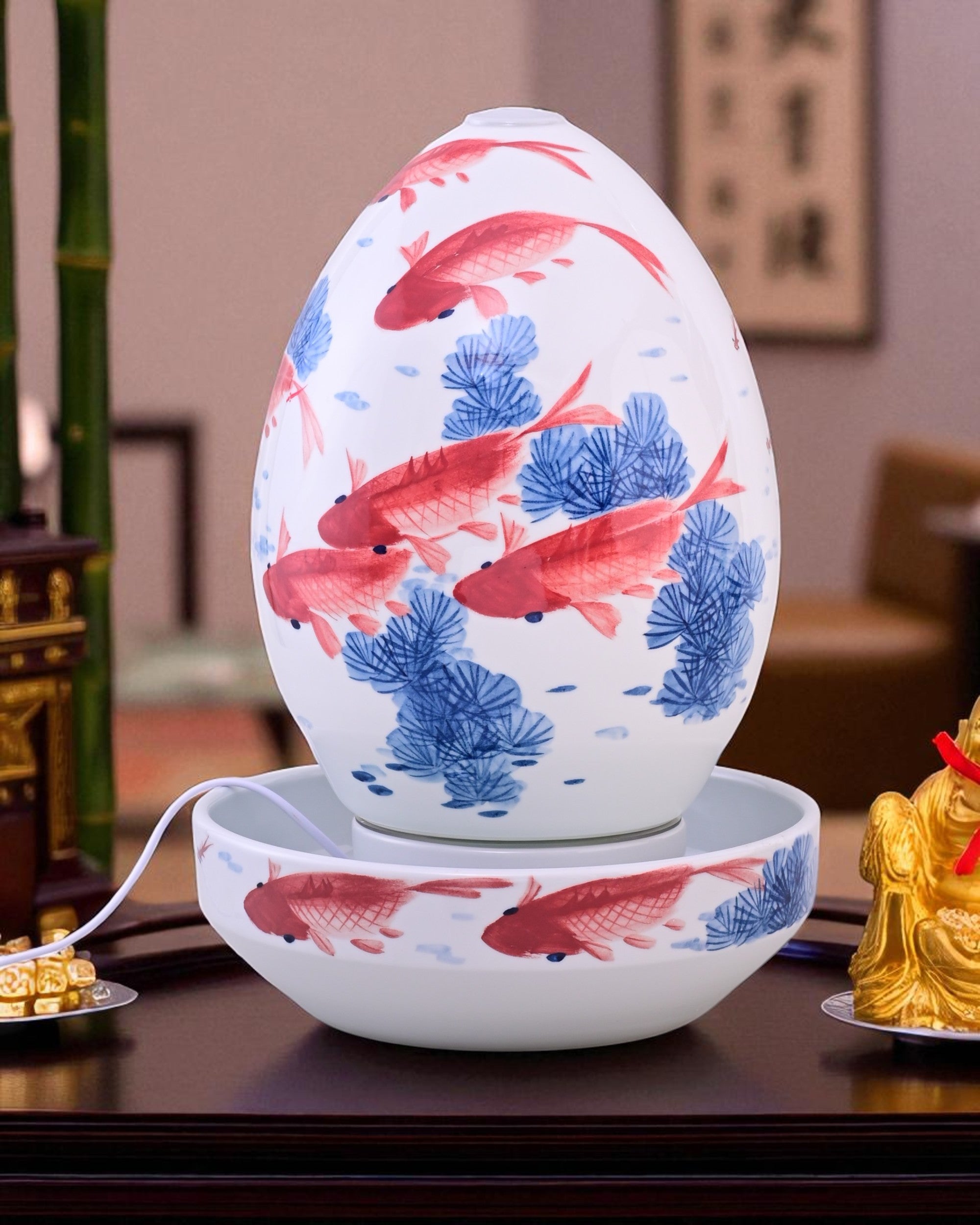 Koi Fish Serenity Ceramic Fountain Lamp