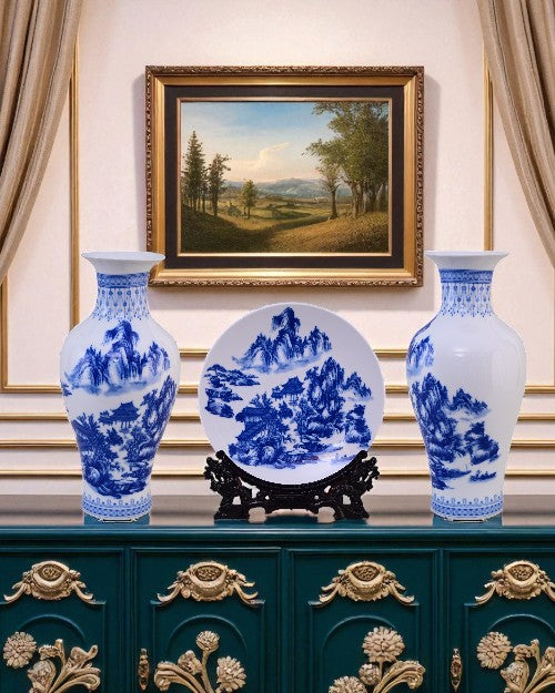 Blue & White Landscape Ceramic Vase & Decorative Plate - Set Of 3