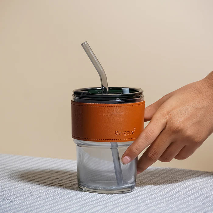 SipMate: Glass Tumbler with Lid, Straw & Leather Sleeve ‚Äö√Ñ√¨ Perfect for Coffee, Tea, Juice & Everyday Hydration