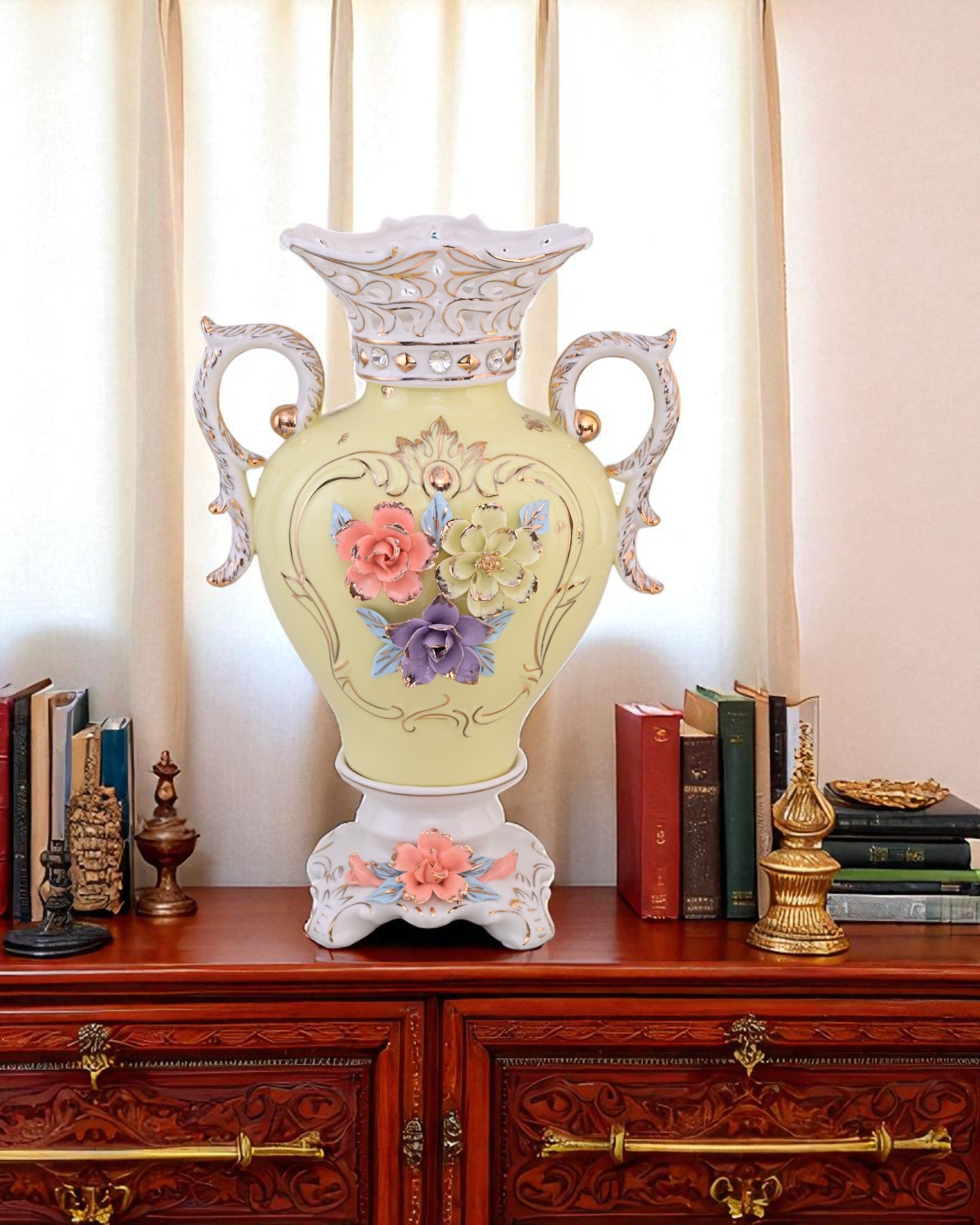 Vintage Floral Porcelain Vase with Handles - Yellow