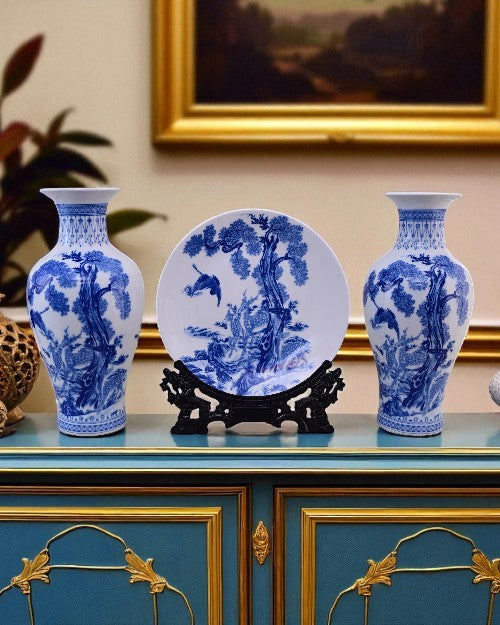 Blue & White Serenity Landscape Vase & Decorative Plate - Set Of 3