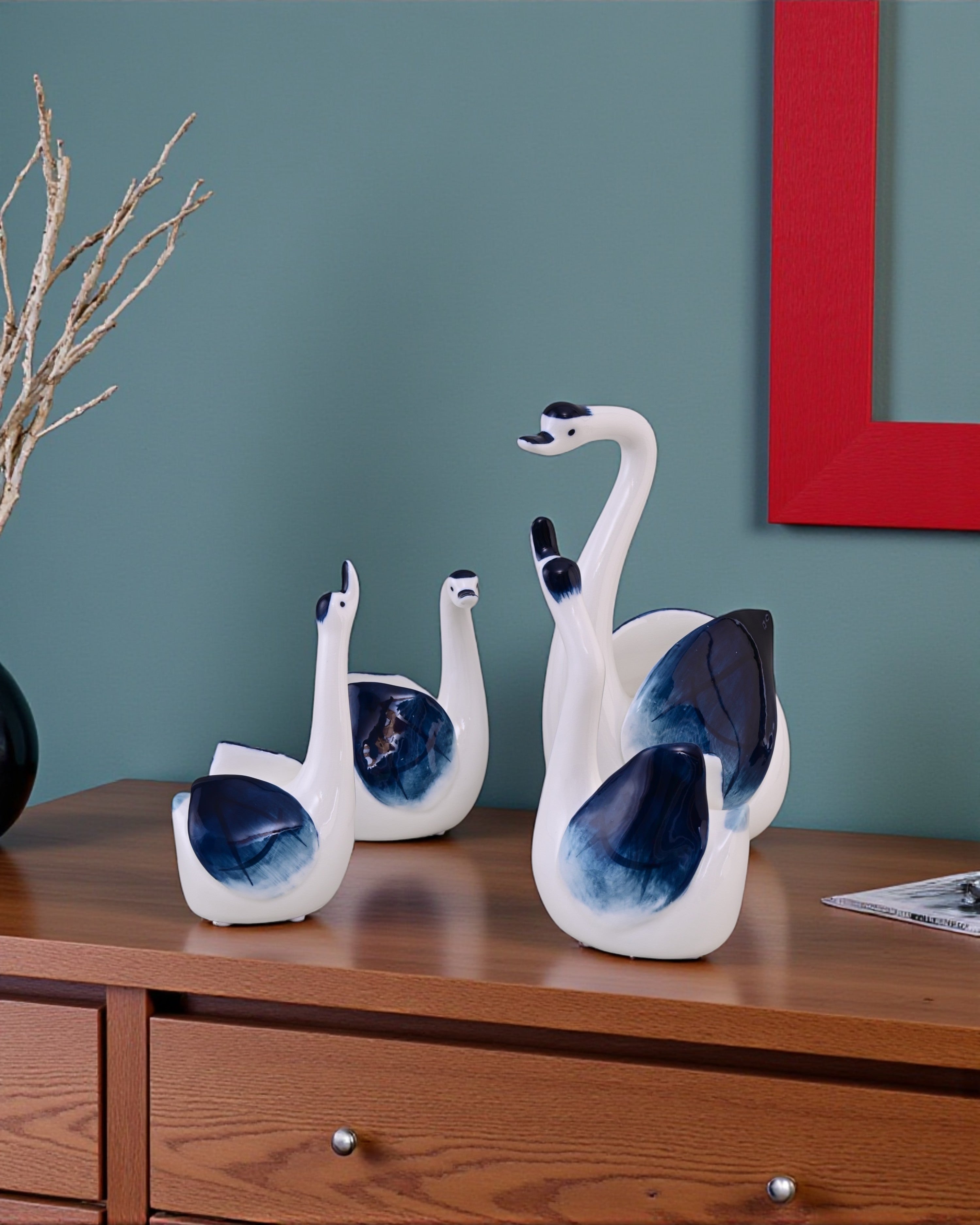 Blue & White Graceful Swan Figurines - Set Of 4