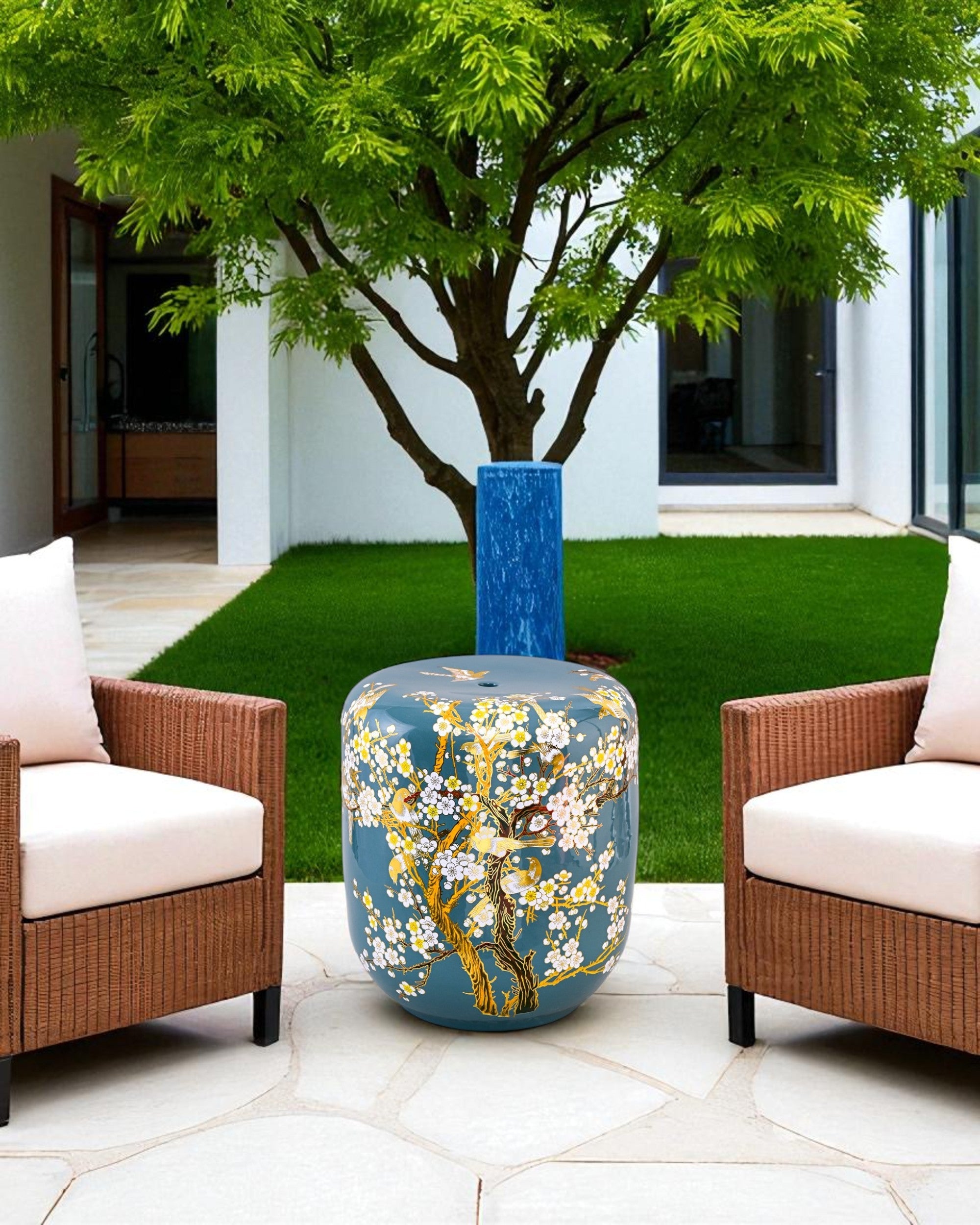 Sakura Blossom Garden Stool - Teal Green