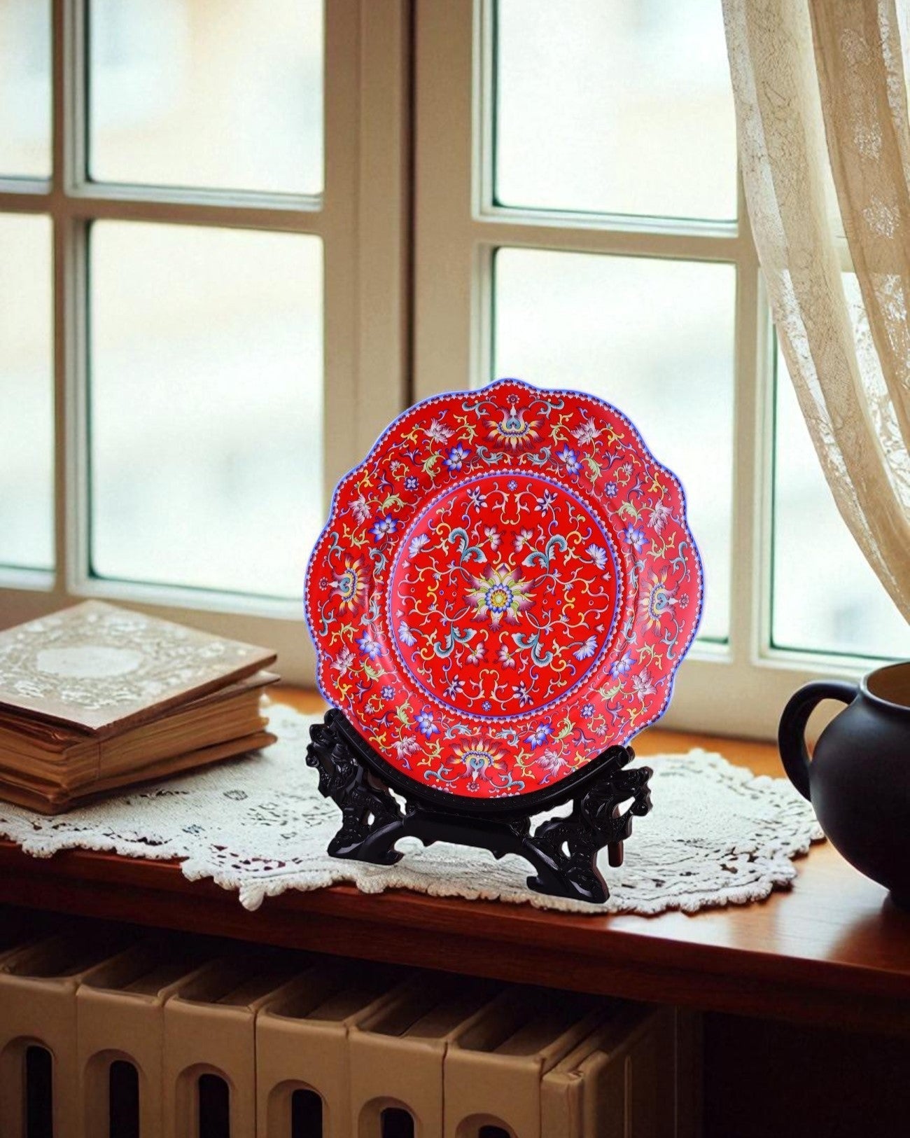 Royal Floral Enamel Decorative Plate - Red 28 cm