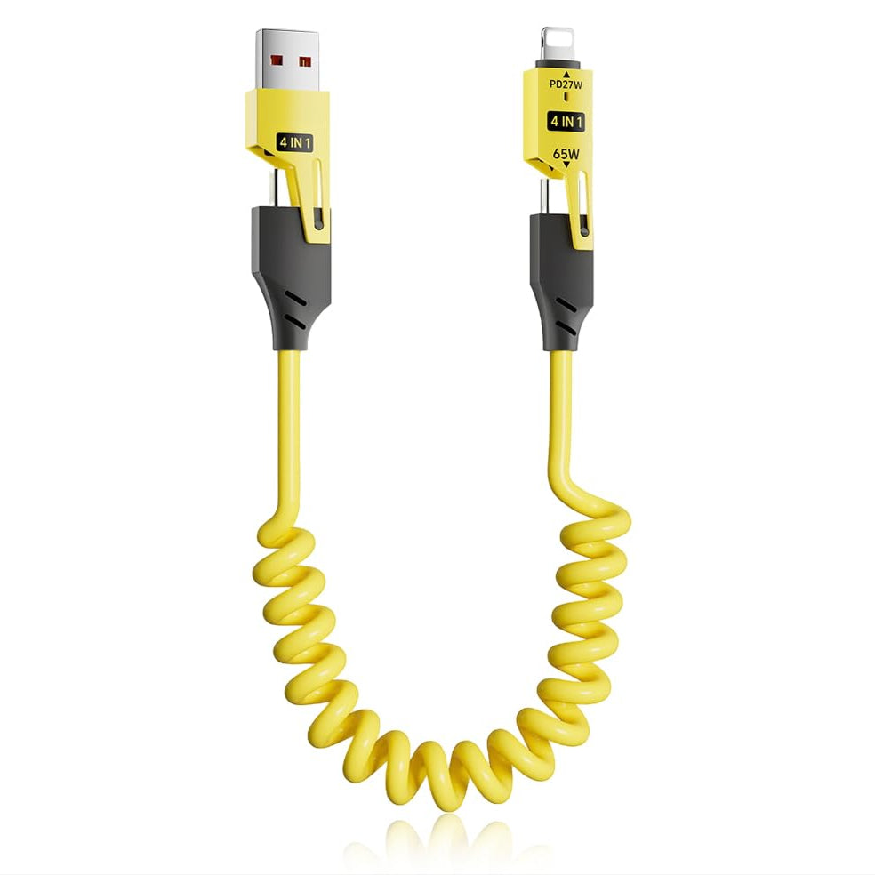 Coolio: 4-in-1 Coiled Fast Charging Cable with USB-A, Type-C & Lightning Connectors ‚Äö√Ñ√¨ 65W Spring Design for Travel, Car & Multi-Device Use