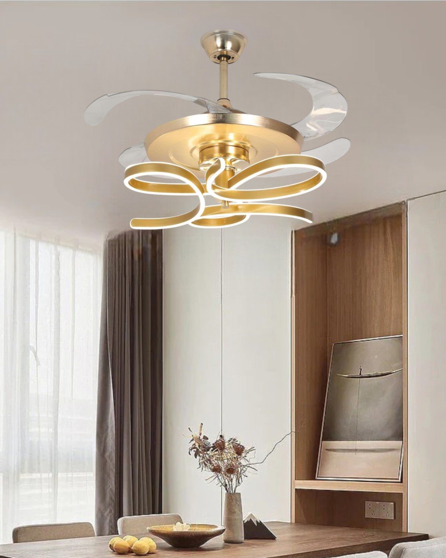 Golden Bloom Retractable Ceiling Fan + Chandelier Light (with Remote Control)