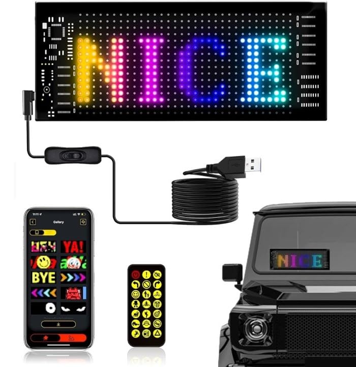 Pixy: RGB LED Matrix Display Panel with App & Remote Control, Flexible Pixel Sign Board for Cars, Rooms, Offices & Custom Scrolling Messages (7" ‚àö√≥ 3")