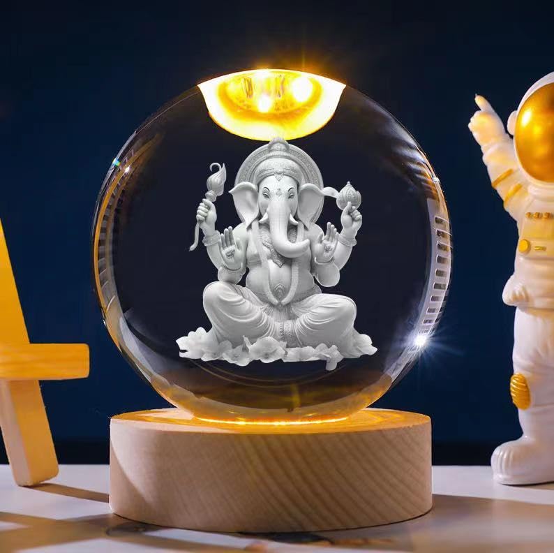 Ganpati: 3D LED Ganpati Ji Crystal Ball Night Lamp with USB-Powered Colorful Glow & Wooden Base for Home, Mandir & Office D‚àö¬©cor