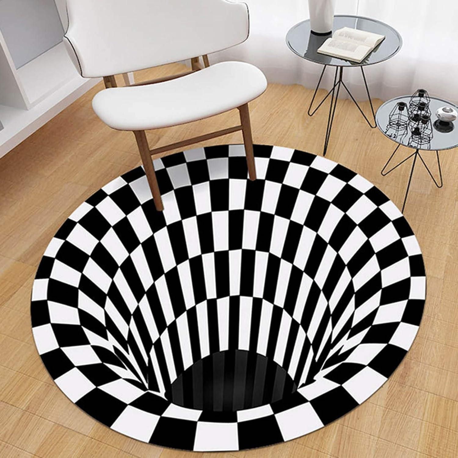 CheckMat: Realistic 3D Illusion Checkered Rug ‚Äö√Ñ√¨ Anti-Skid Round Carpet for Bedroom, Living Room & Office (60cm Diameter)