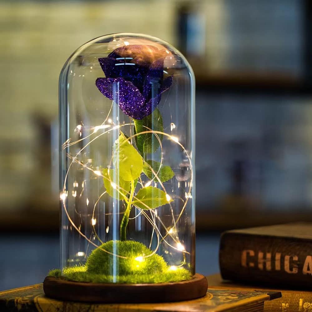 Forever: Enchanted Purple Glass Rose with Removable Dome & USB-Powered LED Fairy Light for Romantic D‚àö¬©cor & Gifting