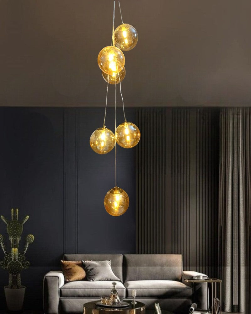 Amber Glass Globe Modern Chandelier - 5L