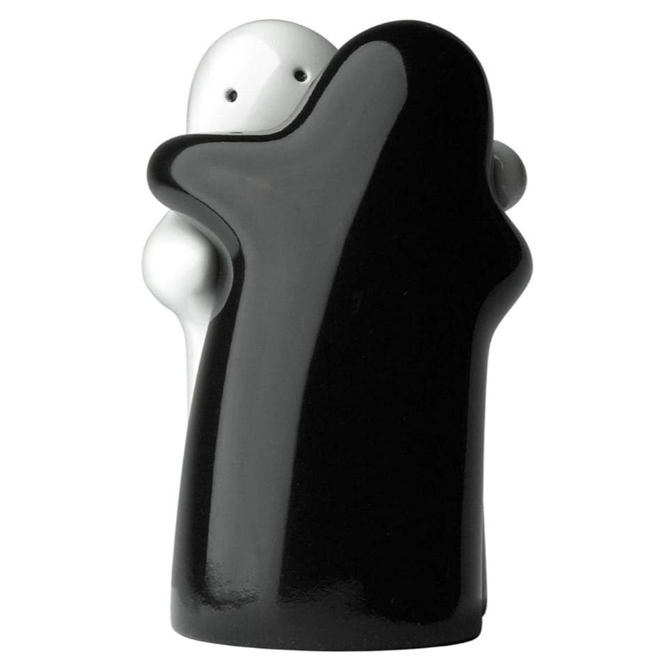 Spooki: Ceramic Salt & Pepper Shaker Set with Cute Hug Design, Easy Refill & Dispense, Black & White Couple Seasoning Jars for Dining, Kitchen & Gift D‚àö¬©cor