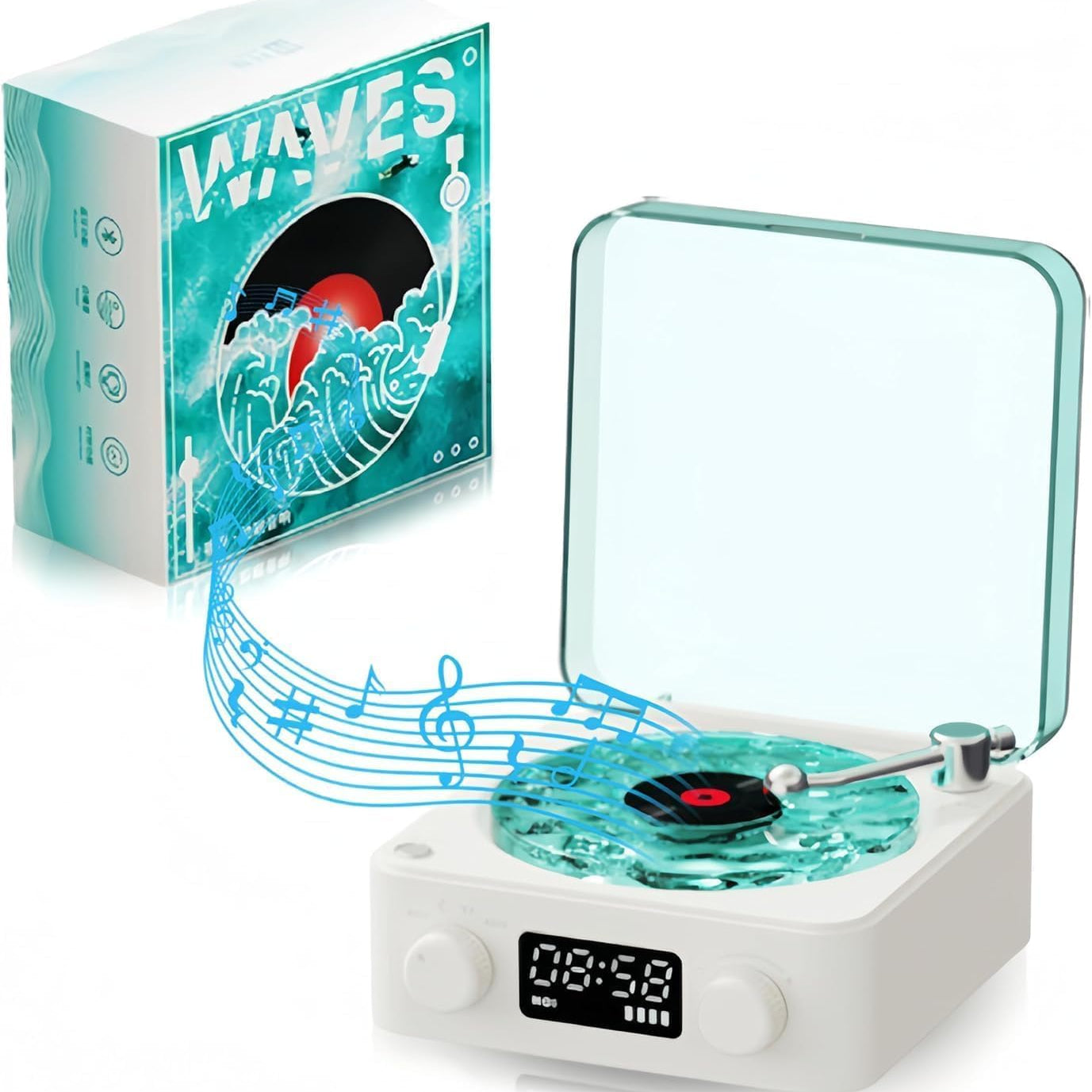 Groovix: Retro-Style Vinyl Bluetooth Speaker with Ambient Light & Digital Clock, Waves-Inspired Wireless Audio for Bedroom, Office & Party D‚àö¬©cor