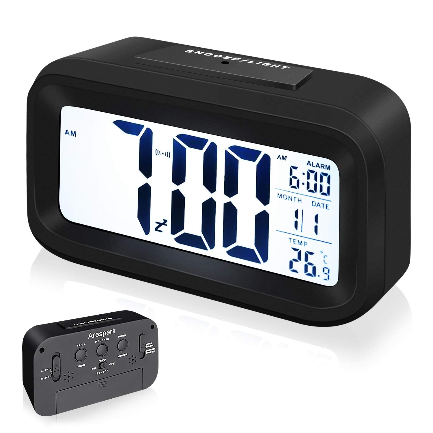 Snoozy: LCD Digital Alarm Clock with Multifunction Display, Large Screen Desk & Travel Clock with Snooze, Date, Temperature & Night Light