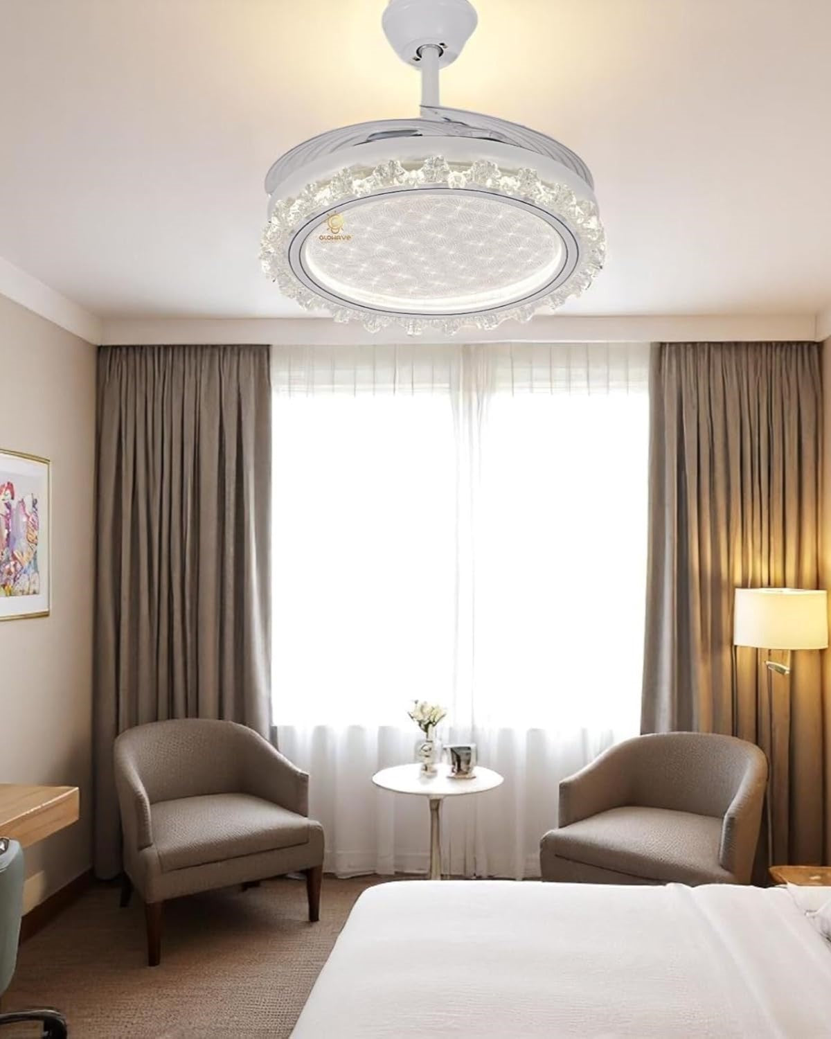 Crystal Crown Retractable Blade LED Fan Chandelier