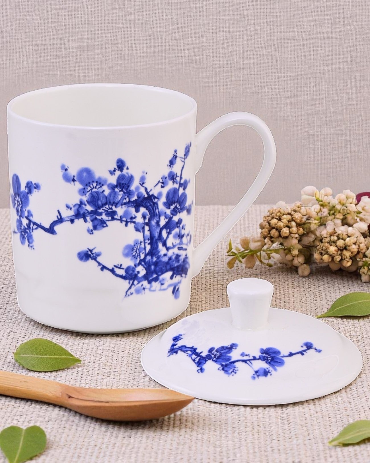 Blue Blossom Bone China Mug with Lid