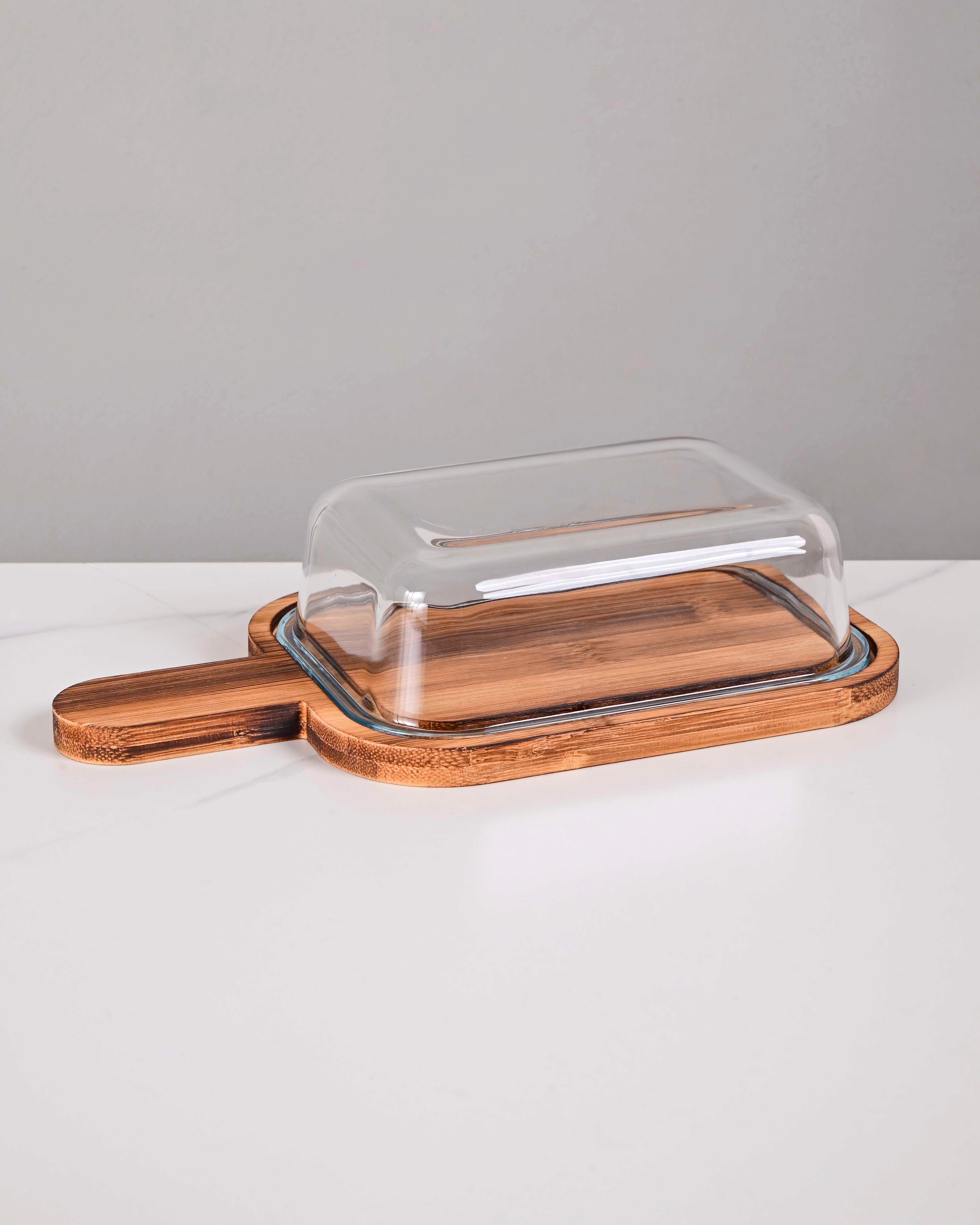 Wooden Base With Glass Dome Butter Dish