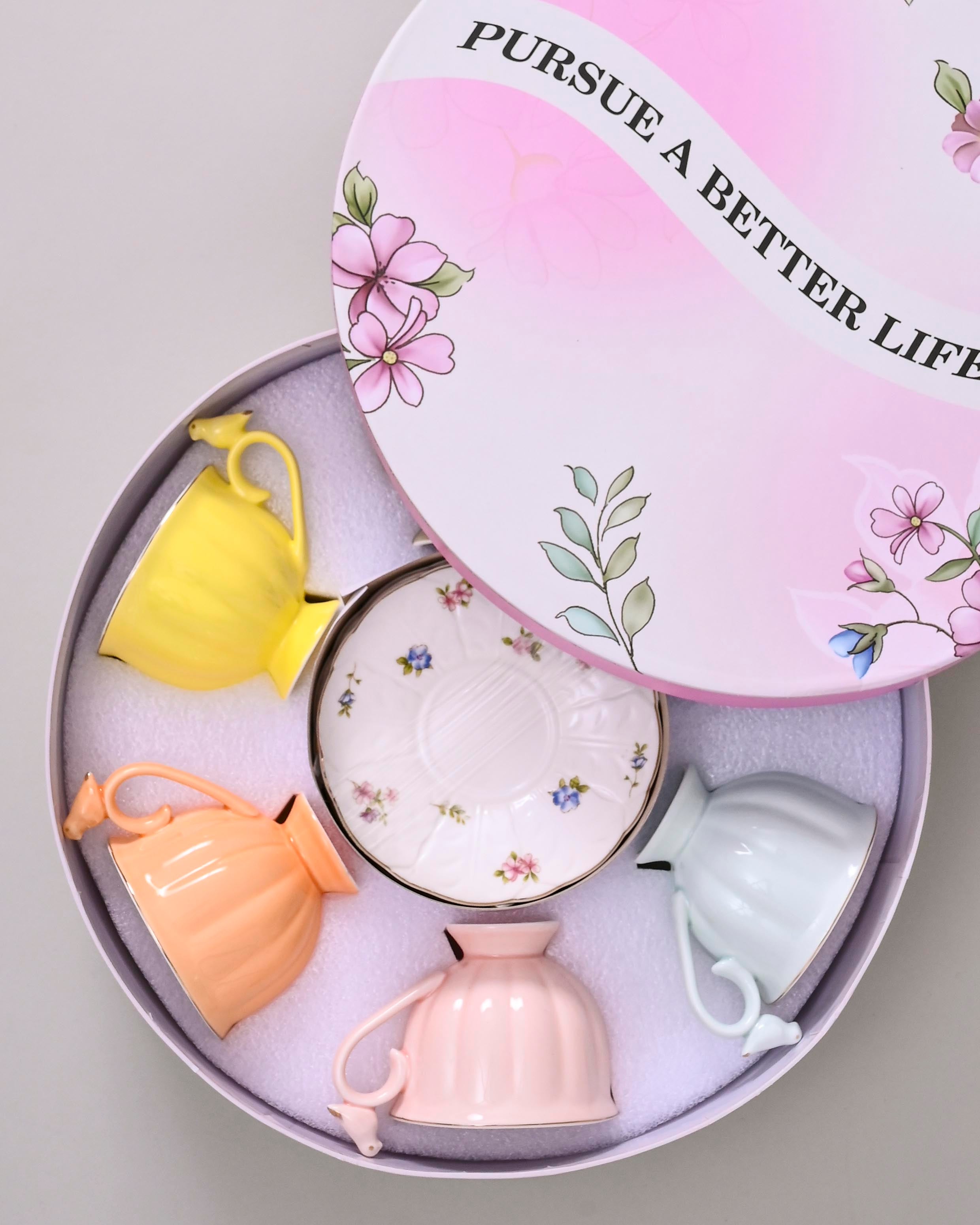 Colorful Sparrow Charm Tea Cup With Saucer - Set Of 6