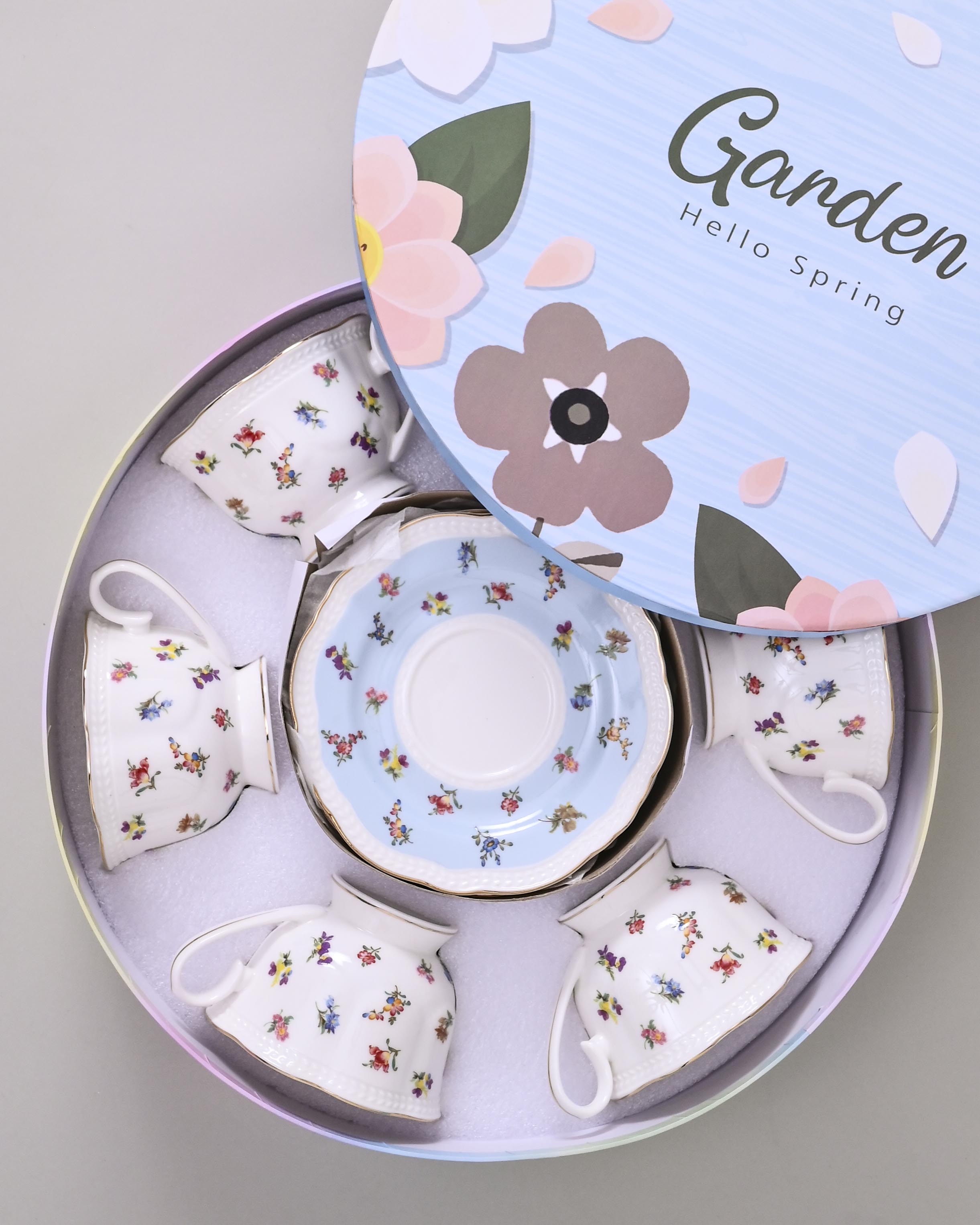 Royal Flora Golden Rim Tea Cup With Saucer - Set Of 6