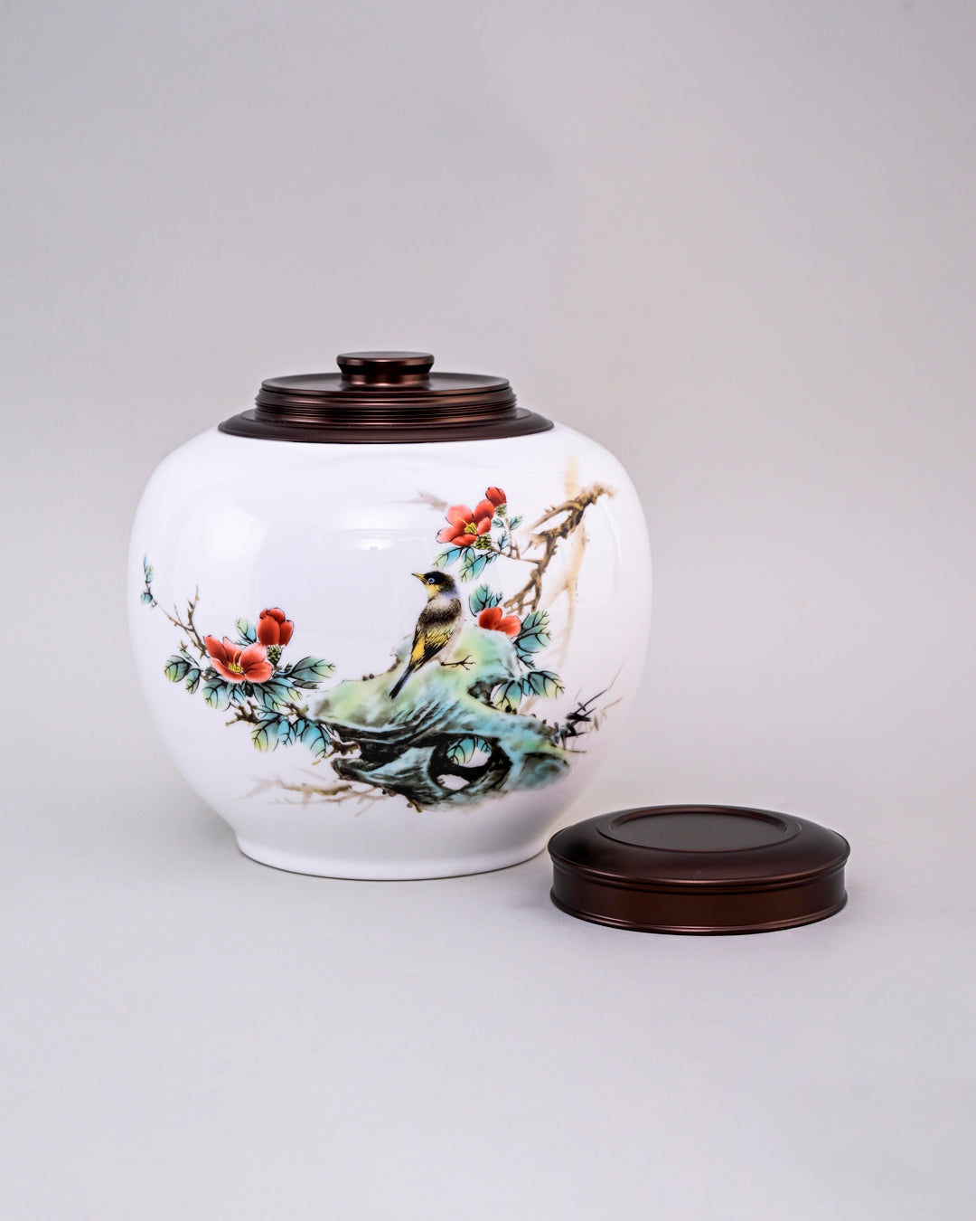 Snow Finch Hand Painted Ceramic Storage Jar