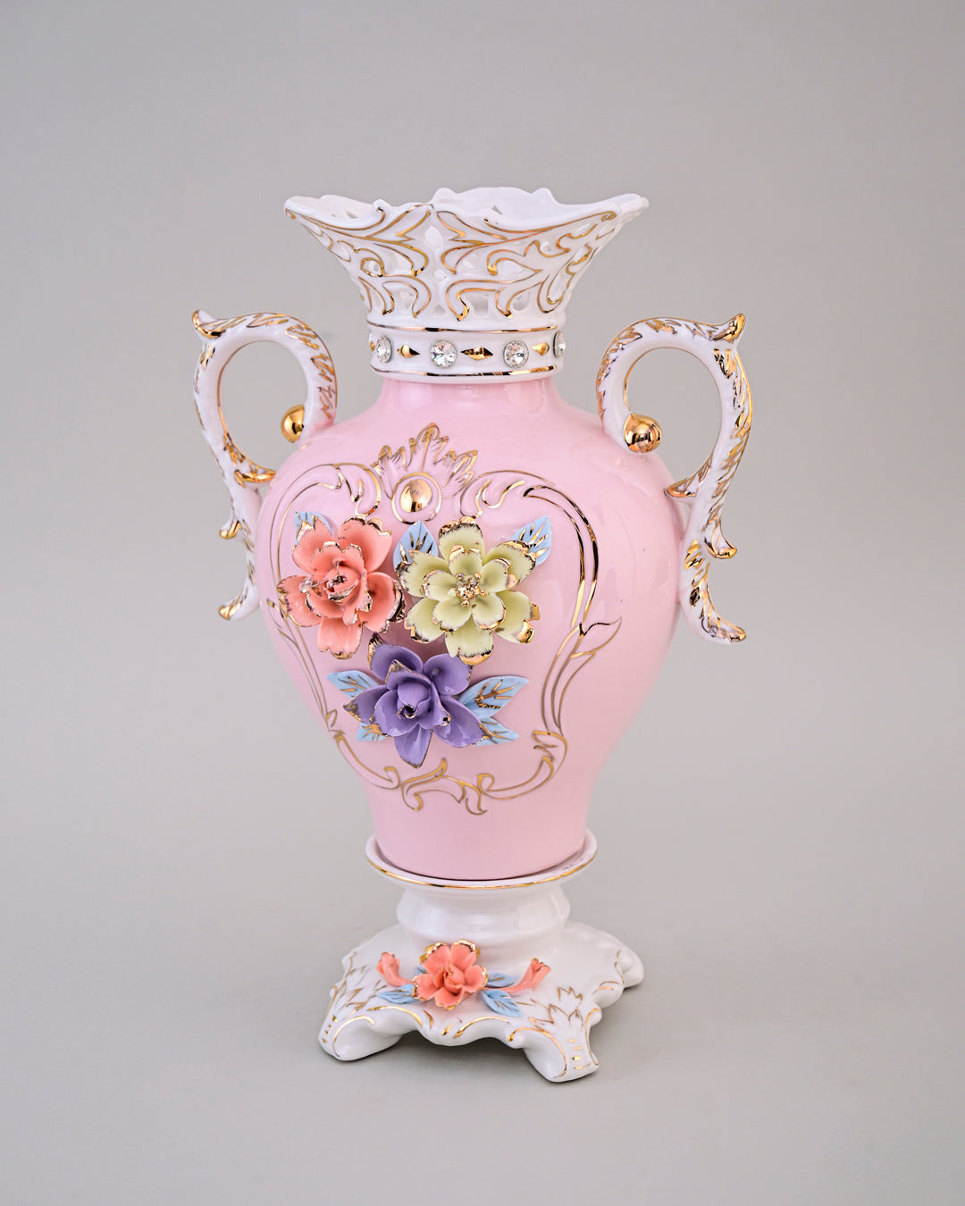 Vintage Floral Porcelain Vase with Handles - Pink