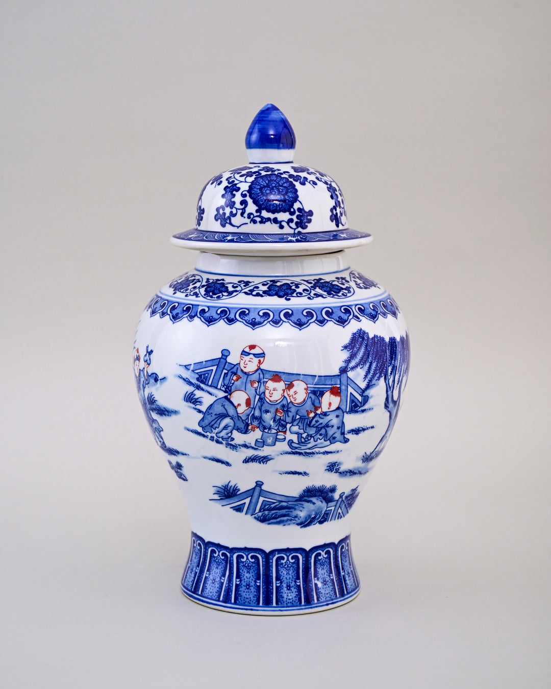 Blue and White Children Motif Temple Jar - 36 cm